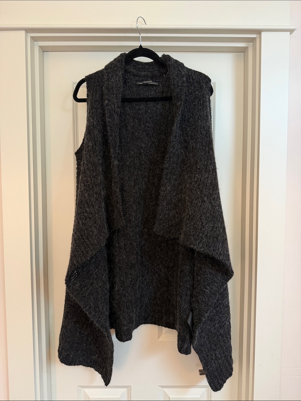 All Saints Charcoal Draped Open-Front Sweater Vest
